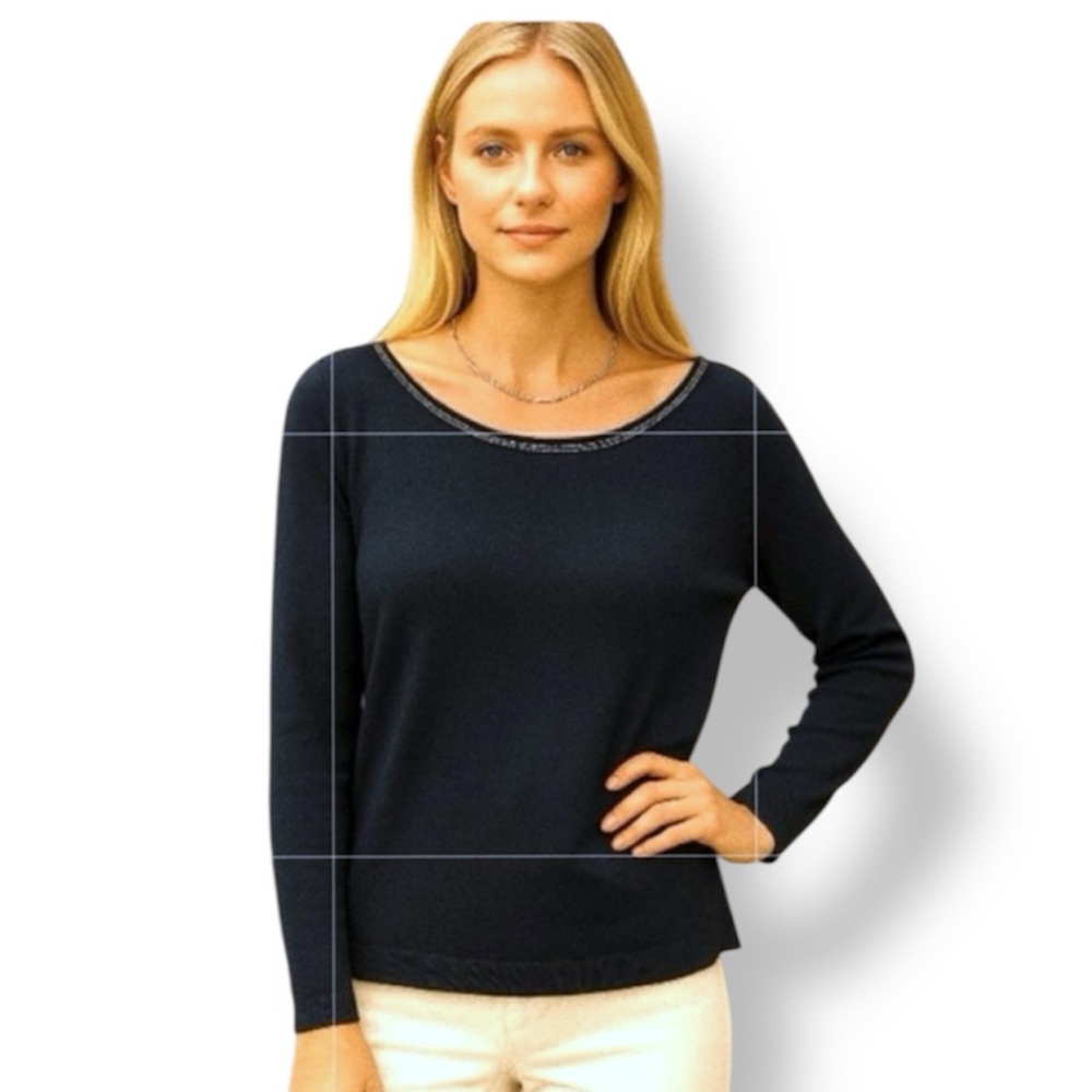 Lafayette 148 Navy Sweater Silk Blend Knit  Top Chain Details At Neckline Sz 2X